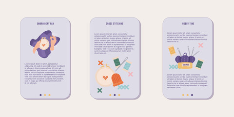Collection of banners for mobile app or web with embroidery and sewing tools and objects. Vector illustration for web design. Concept of handmade workshop and school.