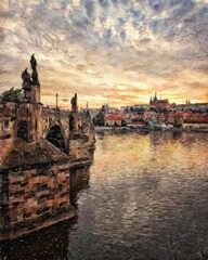 Obraz premium Digital painting modern artistic artwork, Prague Czechia, drawing in oil European famous old street view, beautiful old vintage houses, design print for canvas or paper poster, touristic production