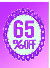 -65 percent discount. 65% discount. Up to 65%. Pink banner with floating balloon for promotions and offers. Vector. Discount and offer board