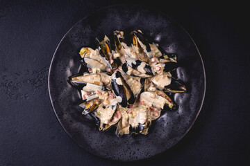 Close up of delicious freshly cooked mussels. Cooking background concept.