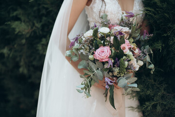 bridal bouquet in white and pink delicate pastel shades