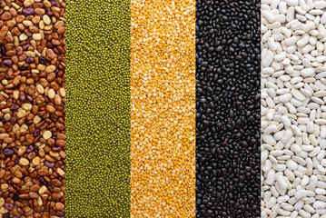 Different types of legumes, brown and mung beans, yellow peas and white and black beans, top view