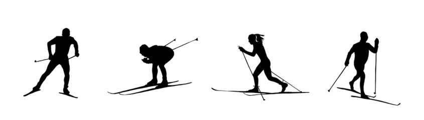 Set of silhouettes of people cross-country skiing in different positions isolated on white background. Man, woman. Black and white illustration.