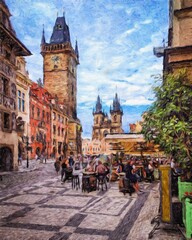 Digital painting modern artistic artwork, Prague Czechia, drawing in oil European famous old street view, beautiful old vintage houses, design print for canvas or paper poster, touristic production