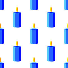 A blue wax candle burns with a yellow flame. Seamless cute pattern for fabrics, decorative paper. Vector.