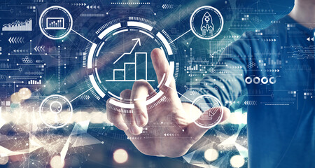 Business growth analysis with a man on blurred city background