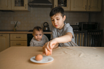 Fototapeta premium two brothers are sitting in the kitchen and eating an egg