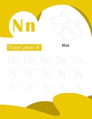 English alphabet letters tracing line printable worksheet with cute pictures for coloring for vocabulary learning. Basic writing practice for preschool and kindergarten kids students and teachers