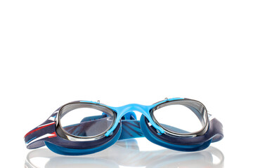 One goggles for swimming, close-up, isolated on a white background.