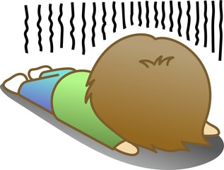 疲れきって倒れる男性　ちびキャラ