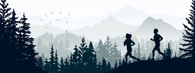 Naklejka na ściany i meble Silhouette of boy and girl jogging. Forest, meadow, mountains. Horizontal landscape banner. Illustration. 
