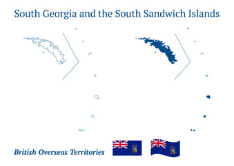 South Georgia and the South Sandwich Islands map. British overseas territory in the southern Atlantic Ocean. Detailed blue outline and silhouette. Country flag. Set of vector maps.