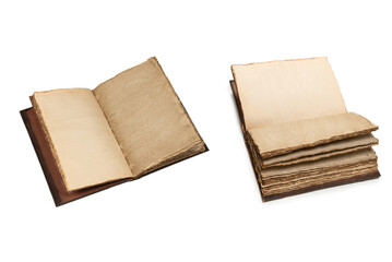 An open empty old notebook isolated on a white background.