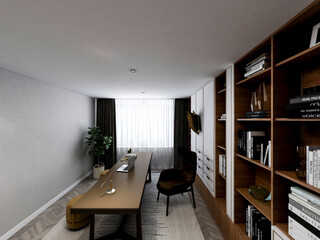 3D rendering, spacious modern residential study design, with laptop, desk, bookshelf and piano
