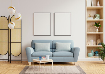 Mock up two poster frame in modern interior background with sofa and accessories in the room.