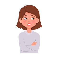 Confused Face Girl portrait. Shy woman. Vector illustration isolated on white