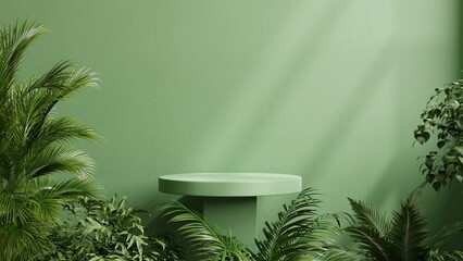 Green podium in tropical forest for product presentation and green wall. - obrazy, fototapety, plakaty