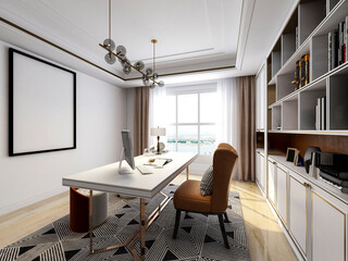 Fototapeta na wymiar 3D rendering, spacious modern residential study design, with laptop, desk, bookshelf and piano 