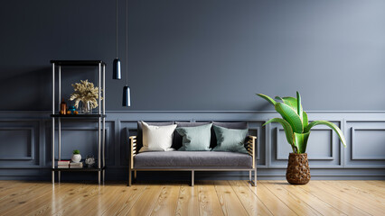 Interior of light room with sofa on empty dark blue wall background.