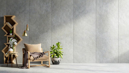 Living room interior in loft style with brown armchair on empty concrete wall background.