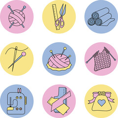 icons in circles needlework, yarn, ball, knitting needles, scissors, ruler. needle thread sewing machine pouch pattern needle bed fabric