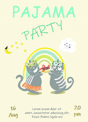 An invitation to a pajama party, two cats are holding a cake, against the backdrop of a rainbow, a cloud, stars with a crescent moon, sleep masks.
