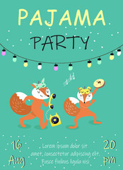 Pajama party invitation, Birthday, two foxes, donut, landline phone, sleep masks, sheet music.