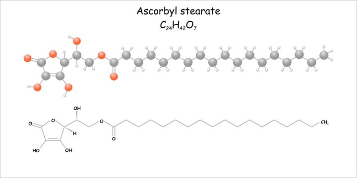Stylized molecule model/structural formula of the food additive ascorbyl stearate.