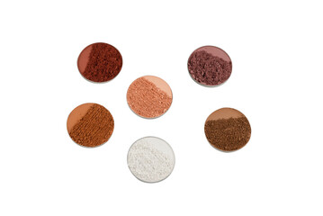 Eyeshadow crushed palette, colorful eye shadow powder isolated on a white background.