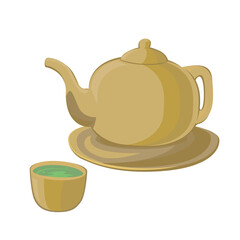 Teapot with japanese green tea isolated on white background.