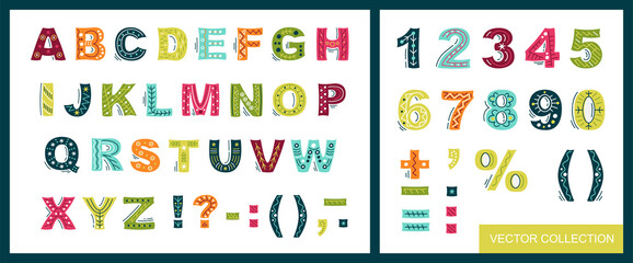 Alphabet and numbers for children - set, collection. Vector hand-drawn alphabet and numbers. Alphabet for children. Set of letters and numbers for your design