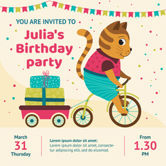 Children's birthday invitation. A cat on a bicycle carries gifts and invites you to join the birthday celebration. Vector illustration in cartoon style 