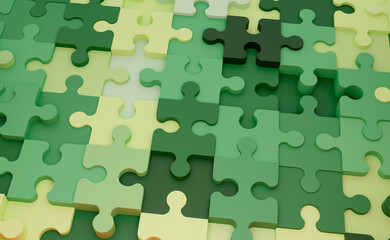 3D jigsaw puzzle wall with pastel colors and offset elements. Background with green shades. 3d rendering illustration. 