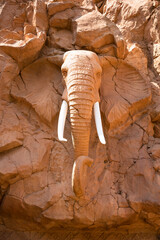 African elephant carved in rock. Artificial rocks. Sun City, South Africa