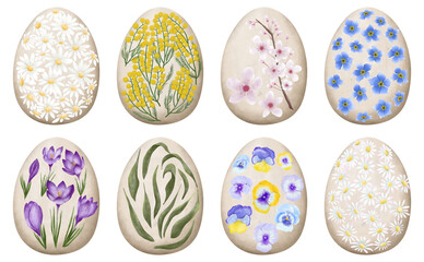 Collection of watercolor Easter eggs with different flowers. Easter eggs illustration with colorful flowers (chamomile, daisy, crocus, mimosa and other). Happy Easter art isolated on white background.