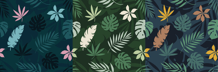 Fototapeta na wymiar Abstract tropical jungle palm leaves seamless pattern. Vector cover set