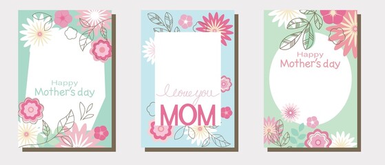 Set of Mother's day illustration template, Happy Mother's day frame collection decoration with floral pattern. Cover illustration. Template, frame and design elements. Vector illustration.
