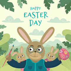 Bunny template greeting card. A family of rabbits dad and children are preparing for Easter, painting eggs against the backdrop of a spring landscape. Vector illustration in flat style 