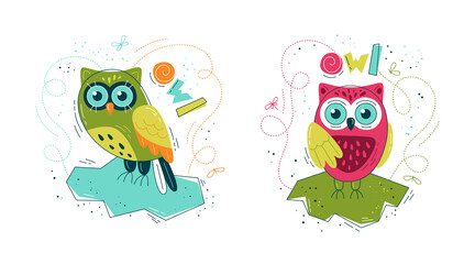 Cute owl in flat style - set of prints. Vector illustration in Scandinavian style. Concept for children, baby print.

