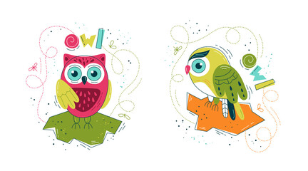 Cute owl in flat style - set of prints. Vector illustration in Scandinavian style. Concept for children, baby print.
