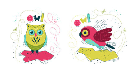 Cute owl in flat style - set of prints. Vector illustration in Scandinavian style. Concept for children, baby print.
