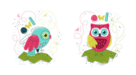 Cute owl in flat style - set of prints. Vector illustration in Scandinavian style. Concept for children, baby print.
