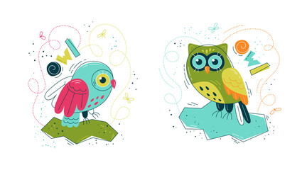 Cute owl in flat style - set of prints. Vector illustration in Scandinavian style. Concept for children, baby print.
