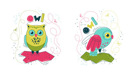Obraz premium Cute owl in flat style - set of prints. Vector illustration in Scandinavian style. Concept for children, baby print. 