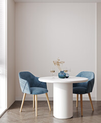 Dining room interior with soft blue chairs. 3d rendering