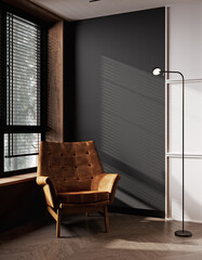 Office interior in loft, industrial style with leather armchair, 3d rendering