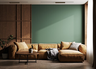 Dark green home interior with brown sofa, table and decor in living room, 3d render