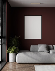 Poster mockup with black frame on empty dark red wall in living room interior with gray sofa, gray pillows and plants. 3D rendering.