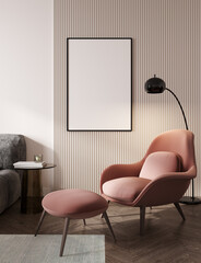 Mockup frame in light living room interior background, farmhouse style, 3d render © Liliia