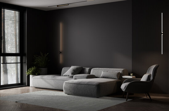 Luxury dark living room interior background, black empty wall mock up, living room mock up, modern living room with gray sofa and black lamp and table, scandinavian style, 3d rendering